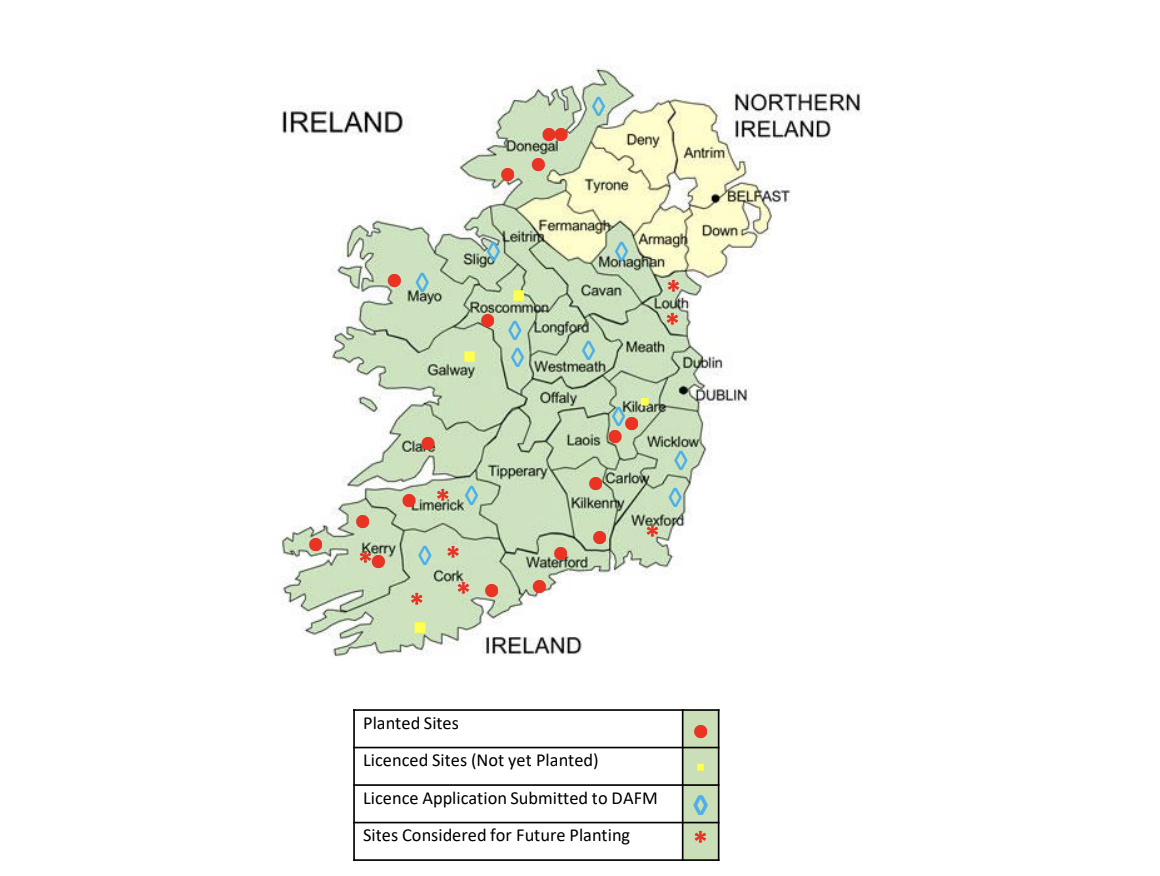 A map of areas around Ireland that are considered planting sites or are under licence for planting
